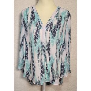 ANA A New Approach Womens Blouse Size L 3/4 Sleeve V-Neck Geometric 1498